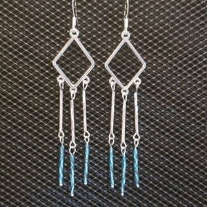 3/$20 Silver & aqua bugle bead chandelier earrings